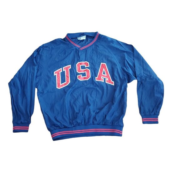 VTG Men Large Pro Spirit USA Embroidered Patch Pullover VNeck Windbreaker Jacket - Picture 1 of 6